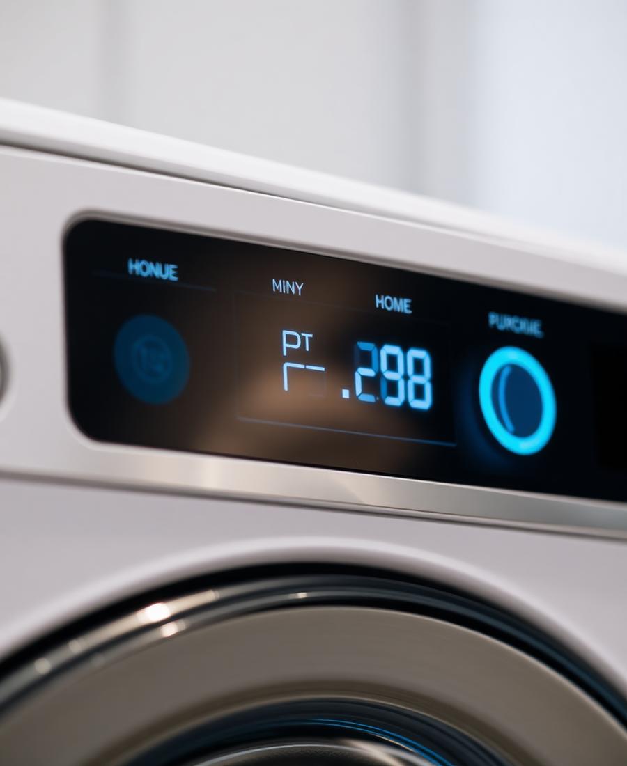 Glowing cyan digital control panel on a modern washing machine