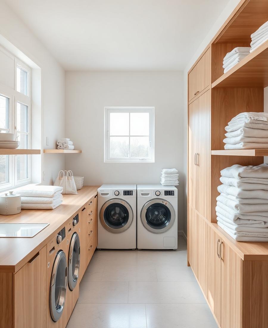 Bright folding station with oak counters and folded linens
