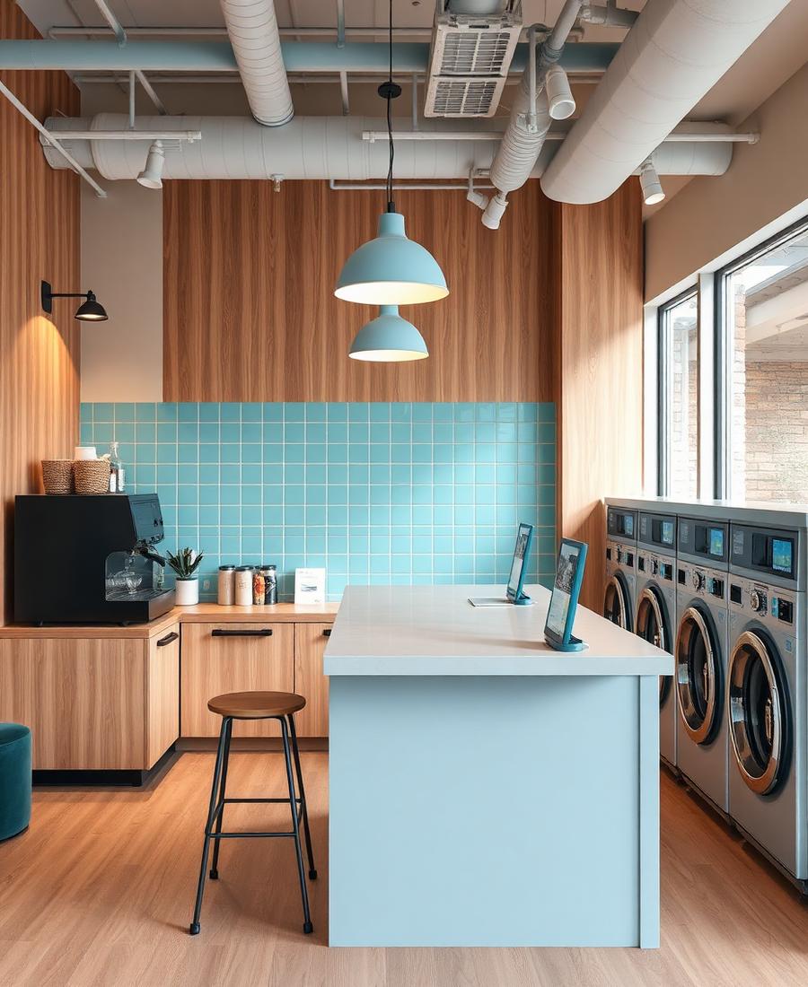 Modern coffee and tech lounge inside a laundromat