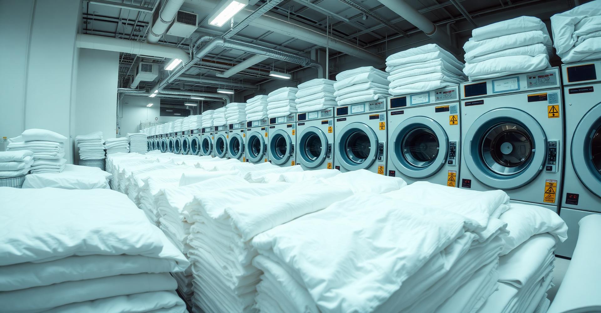 Industrial laundry facility with rows of machines and stacked white linens