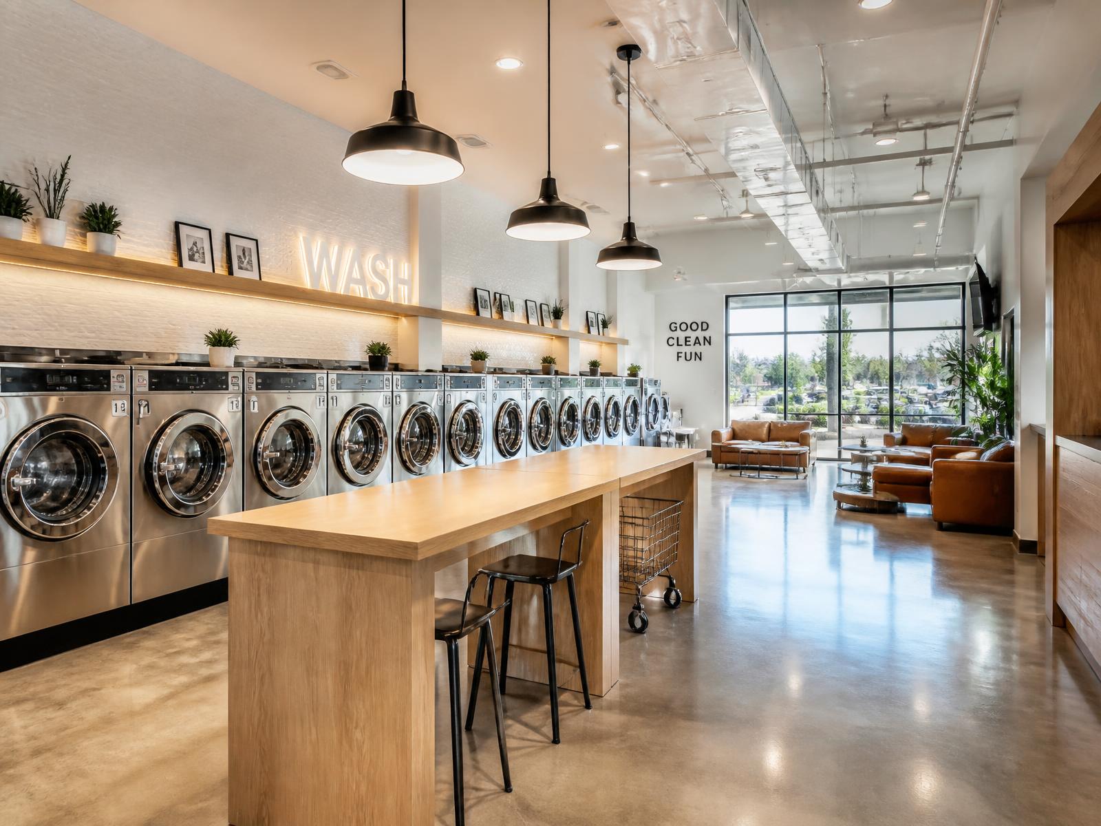 Bright modern laundromat with stainless steel washers, oak folding counter and a lounge area