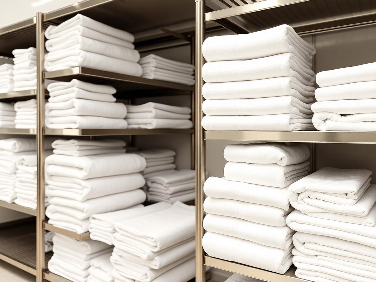 Stacks of pristine white hotel towels on stainless steel shelving