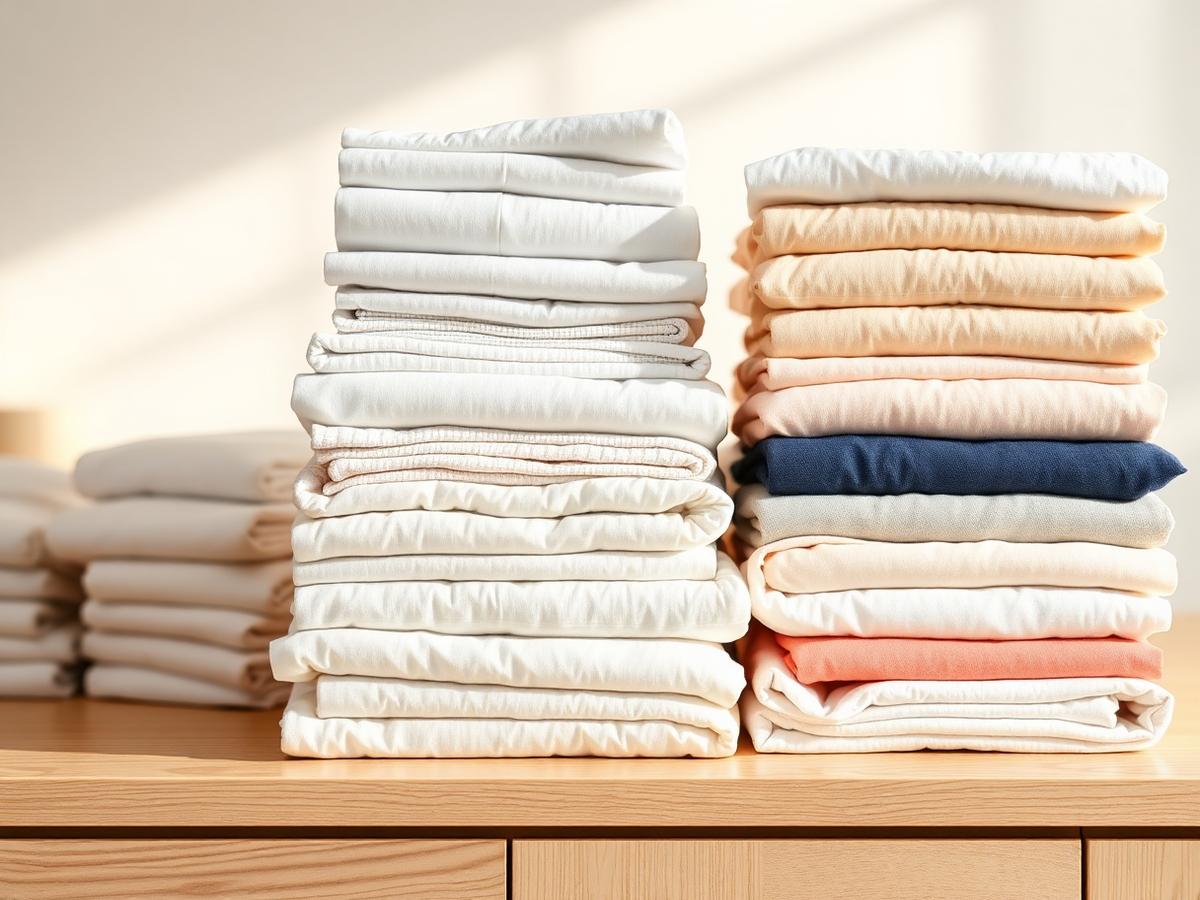 Neatly folded laundry stacks on a light oak counter