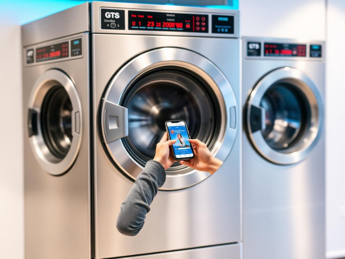 Customer starting a wash from a mobile app at a stainless steel machine