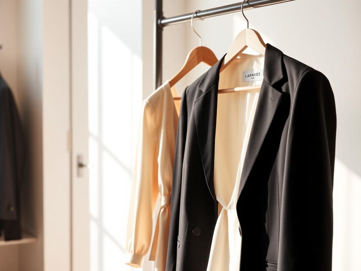 Silk blouse and tailored blazer hanging in a bright garment care studio
